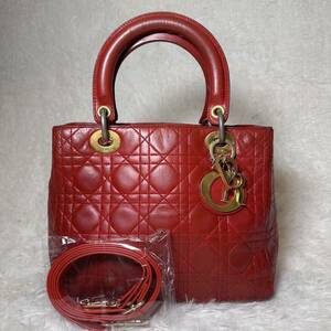 売り切り　Christian Dior クリスチャンディオール レディディオール　ラムスキン　ハンドバッグ　2way ショルダー　赤　レザー