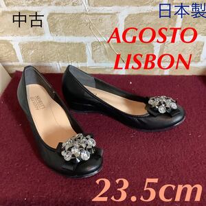 【売り切り!送料無料!】A-257 AGOSTO LISBON!2wayビジュー付きパンプス!23.5cm!黒!ウェッジソール!2way!冠婚葬祭!中古!