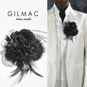 ◆k5704-4 GILMAC コサージュ 薔薇 フェザー ツイストロープ ブローチ メンズ(ブラック黒) 大きめ 結婚式 パーティー 日本製 2way バラ 花