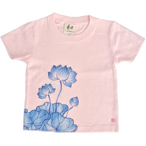 キッズ Tシャツ 90サイズ ピンク 蓮柄Tシャツ 手描きで描いた蓮の花柄Tシャツ 半袖 和柄 和風 レトロ ハンドメイド