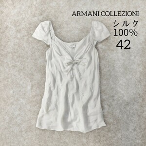 17 【ARMANI COLLEZIONI】 アルマーニコレツィオーニ ドット 半袖 トップス グレー 白 42 XL LL シルク100％ イタリア製 薄手 大きいサイズ