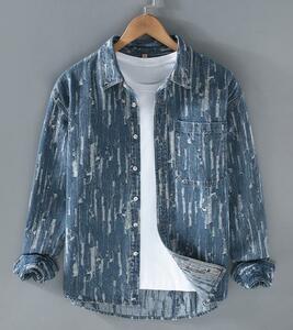 デニムシャツ　シャツジャケット　ダメージ加工　新品*メンズ　長袖シャツ　カジュアル　トップス　ウエスタンシャツ ブルー