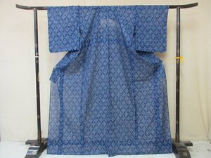 1円 良品 化繊 着物 絽 夏物 小紋 洗える 和装 青 枝葉 お洒落 高級 単衣 身丈159cm 裄62cm【夢職】★★★