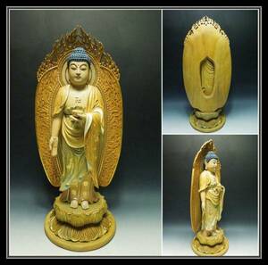 【多寶屋】Η356佛教美術　高級黄楊木精彫蓮花刷金坐仏