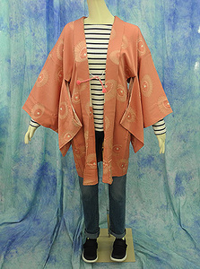 （175）羽織　HAORI COAT 正絹 SILK　着物　中古 pre-owned ピンク　絞り　Japanese Kimono coat　81cm 31.8inch