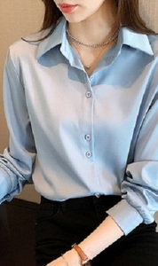 シャツ ブラウス シンプルデザイン (ブルー）オフィス 長袖 制服 新品