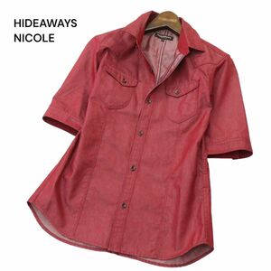 HIDEAWAYS NICOLE ハイダウェイ ニコル 春夏 襟ワイヤー★ 半袖 カラー デニム ウエスタン シャツ Sz.46　メンズ 赤　A4T03540_4#A