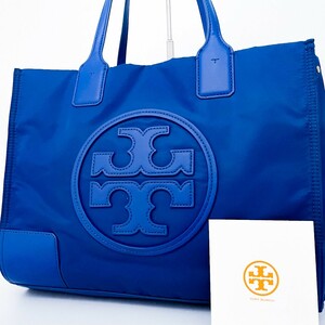 1円■超美品■Tory Burch トリーバーチ エラ キャンバス ロゴ トートバッグ ビジネス 大容量 A4 レディース メンズ レザー 希少色 ブルー青