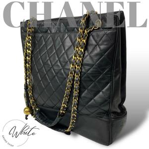 希少 ブティックシール有　CHANEL　シャネル チェーントートバッグ ゴールド金具 ココボール 黒 レザー マトラッセ　大容量