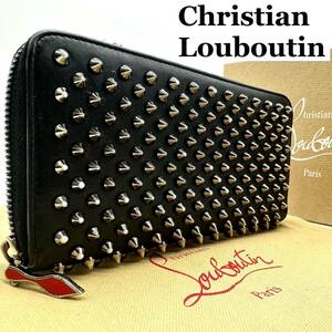 【極美品】クリスチャンルブタン Christian Louboutin 財布 長財布 wallet ラウンドファスナー スタッズ パネトーネ ブラック レザー