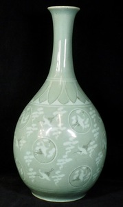 趙京陶芸 高麗青磁雲鶴図花瓶 1980年代 直径13cm 口径3cm 高さ39cm MTU503