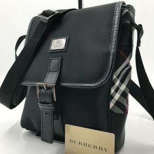 未使用級●バーバリーブラックレーベル BURBERRY BLACK LABEL メンズ ビジネス ショルダーバッグ ボディバッグ レザー ブラック 斜め掛け