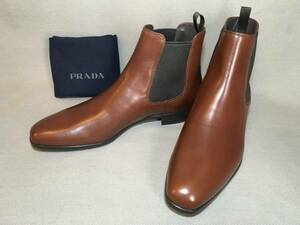 新品 プラダ サイドゴア レザー ブーツ 7 茶 ブラウン PRADA 革靴 本革 カーフ
