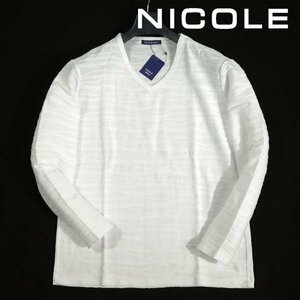 新品1円～★ニコル セレクション NICOLE selection メンズ ストレッチ 長袖 コットン綿 Vネック デザインカットソー 50 LL 白 ◆1600◆