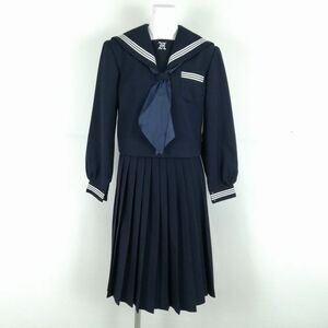 1円 セーラー服 スカート スカーフ 上下3点セット カンコー 冬物 白3本線 女子 学生服 兵庫姫路広畑中学 紺 制服 中古 ランクC NA0727