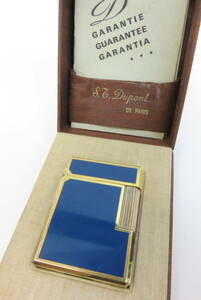 16721 久605-246　S.T.Dupont　都彭　ケース 冊子 付き　ブルー×ゴールド色　デュポン　ローラー式　ガスライター　ジャンク品　佐川60