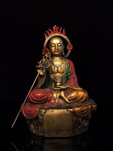 ◆古寳堂◆清 銅製 金鍍 彩繪 地藏王菩薩像 仏教古美術 供養品 極細工 古置物 古擺件 中国古美術 時代物 古董品