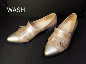 ★極美品 正規品 WASH レディース フラット パンプス 靴 38 約25.0cm Sゴールド 装飾付き シューズ 靴 箱付き スウェード ウォッシュ