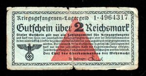 【ナチス鉤十字】第二次大戦ドイツ捕虜収容所紙幣 2ライヒスマルク（1939-44）[1780]