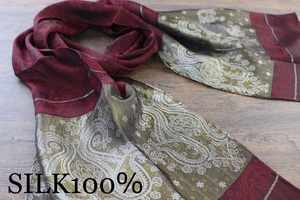 新品 薄手【シルク100% SILK】ペイズリー柄 ワインレッド W.RED ゴールド GOLD 金 スカーフ/ストール 訳あり