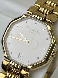 【美品・1円出品】F0520 ChristianDior クリスチャンディオール 腕時計 クォーツ D45 154 デイト 純正ベルト オクタゴン メンズ 現状不動品