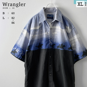 Wrangler グラデーション 総柄 ウエスタン 半袖 シャツ 青 ブルー 紺 ネイビー 黒 ブラック 柄 切り替え 綿 コットン ラングラー メンズ XL