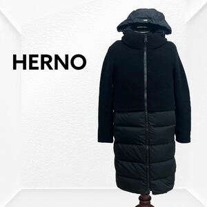 定価203500円 HERNO ヘルノ ウールニット切替 ナイロン フード付き ダウンコート レディース PI0823D-33220-9300
