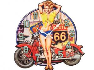 セクシーガール ルート６６＆バイク 電池式 壁掛け時計 アメリカン雑貨 アメリカ雑貨