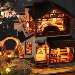 中華風 ドールハウス ミニチュア LEDライト アクリルケース 人形 お家 おままごと 組み立て プレゼント 模型 おもちゃ