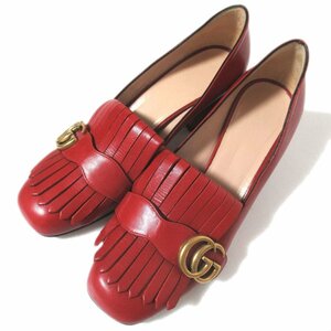 美品 GUCCI グッチ GGマーモント レザー フリンジ チャンキーヒール パンプス 408208 37サイズ 24cm相当 レッド×ゴールド金具