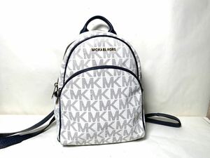  1円 ■美品■ MICHAEL KORS マイケルコース MK柄 PVC×レザー リュックサック バックパック レディース アイボリー系×ネイビー