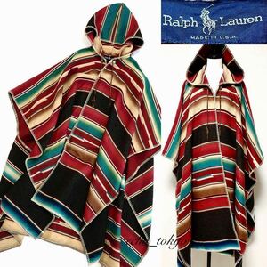 【E3341】稀少品！Ralph Laurenラルフローレン《VINTAGE ビンテージ品》ネイティブ【特大】ラグ ブランケット コート コンチョ レザー RRL