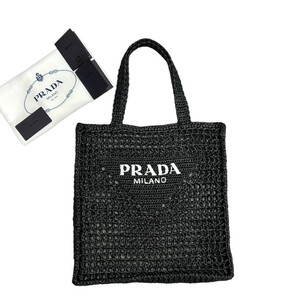 新品 PRADA レタリング ロゴ 刺しゅう ラフィア トートバッグ ブラック
