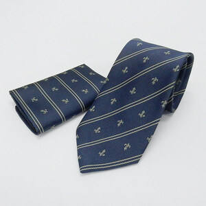 日本製ネクタイ　ポケットチーフ付　クレストタイ（ユリの紋章）　藍×銀　洗濯機OK　甲州織　メール便OK　NAP50-BL