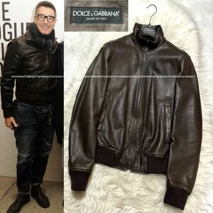 本物 美品 ドルチェ&ガッバーナ ZIP-UP ラムレザー ブルゾン ジャケット 44 濃茶 ドルガバ DOLCE&GABBANA