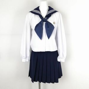 1円 セーラー服 マイクロミニスカート スカーフ 上下3点セット 165A 大きいサイズ 中間服 白3本線 女子 中学 高校 白 中古 ランクC EY7205