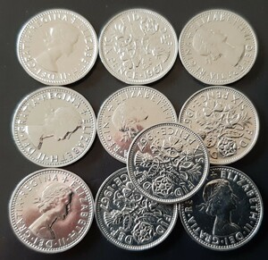 エリザベス女王の幸せのシックスペンス イギリス 10枚セットラッキー6ペンス 本物古銭英国コイン 美品です19.5mm 2.8gram 