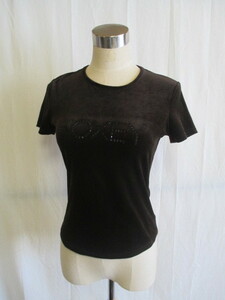 ◆VELOUR NOIR by FOXEY NEWYORK フォクシー ラインストーン ベロア Tシャツ 16544 サイズF 着丈50 身幅40+cm ブラウン◆R9022-T1