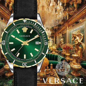 新品1円 ヴェルサーチVERSACE エメラルドグリーン 高級スイス腕時計 メンズ 本革ベルト 50m防水 激レア日本未発売 イタリア 本物 未使用