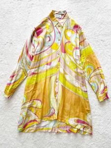 EMILIO PUCCI size I:40 F:36 イタリア製シルク混シャツワンピース ロングシャツ シャツコートエミリオプッチ ピンク イエロー みずいろ