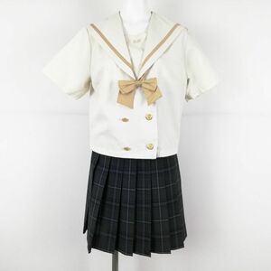 1円 セーラー服 マイクロミニスカート 上下3点セット 大きいサイズ 夏物 ベージュ1本線 学生服 鹿児島南高校 オフ白 中古 ランクC NA5668