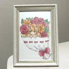手描きイラスト　子猫と薔薇の花束　No.2