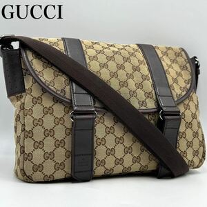 美品 A4◎ GUCCI グッチ メッセンジャーバッグ GGキャンバス メンズ レディース 斜め掛け ショルダーバッグ レザー フラップ サコッシュ