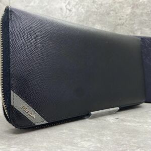 【希少/極美品】 PRADA プラダ メンズ ビジネス 長財布 ラウンドファスナー オーガナイザー 銀ロゴ サフィアーノ レザー 本革 黒 ブラック