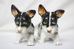 ベルギー アンティーク 古い陶器の犬の置物 黒と白のテリア犬 2体セット 美品