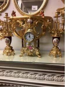 イタリア輸入アンティーク調ゴージャスゴールド色貴婦人の絵柄時計とキャンドルスタンドセット