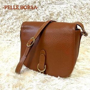 【PELLE BORSA/ペレボルサ/美品】ショルダーバッグ【ゴールド/フラップ/クロスボディ/レザー/斜め掛け/肩掛け/ブラウン/レディース】