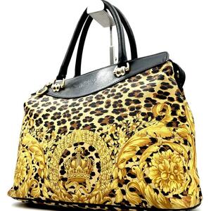 《美品》GIANNI VERSACE ジャンニヴェルサーチ レオパード バロック柄 レザー ハンドバッグ トートバッグ 肩掛け 太陽神 メデューサ