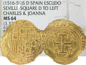 1516年 MS64 エスクード 金貨 スペイン カルロス1世/カール5世 ハプスブルク 神聖ローマ帝国 NGC 鑑定 未使用 UNC フアナ女王