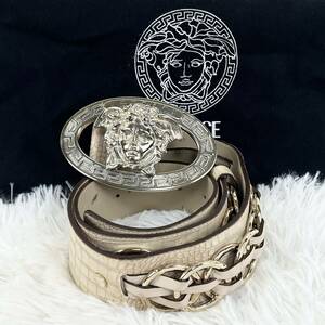 1円〜【美麗品 希少モデル】VERSACE ヴェルサーチ メデューサ バックル リング チェーン パイソン ベルト ゴールド 金具 ベージュ◎メンズ